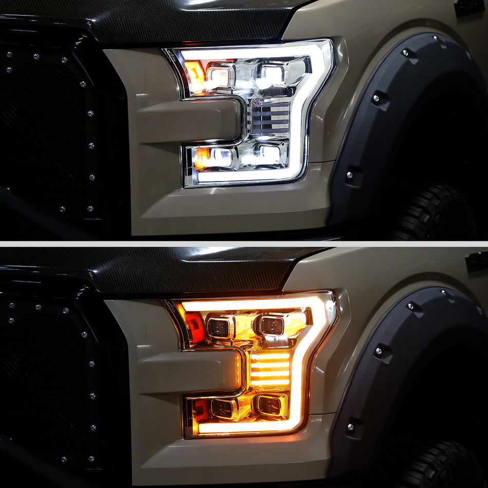 2015-2017 Ford F-150 LED Projector Headlights w/ Switchback LED Sequential Turn Signals DRL Parking Light Strip (Chrome Housing / Clear Lens)