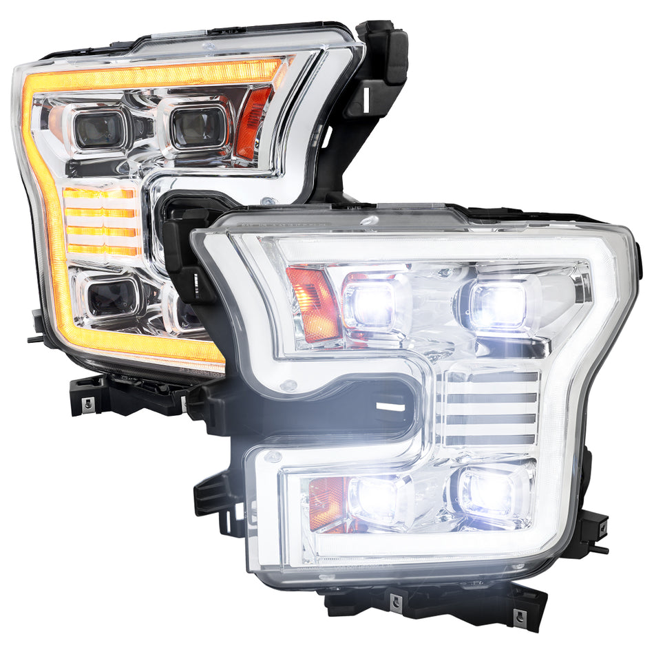 2015-2017 Ford F-150 LED Projector Headlights w/ Switchback LED Sequential Turn Signals DRL Parking Light Strip (Chrome Housing / Clear Lens)