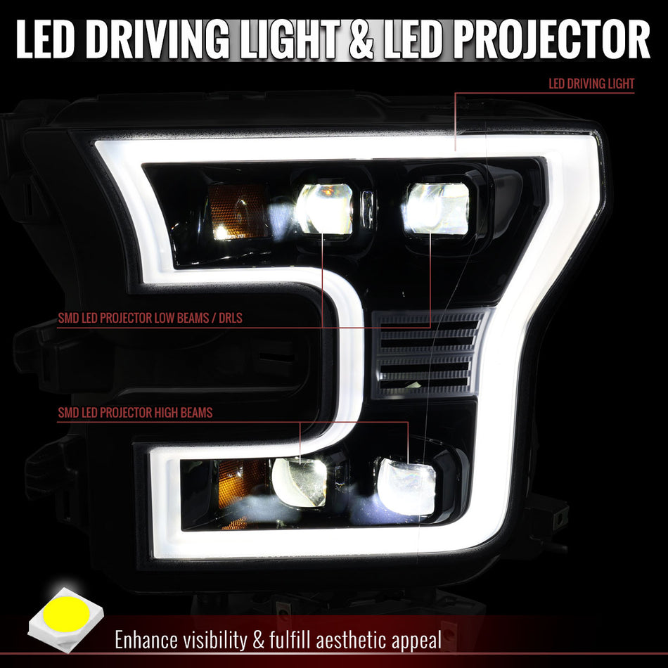 2015-2017 Ford F150 LED Projector Headlights w/ LED DRL Light Bar (Glossy Black Housing / Smoked Lens)
