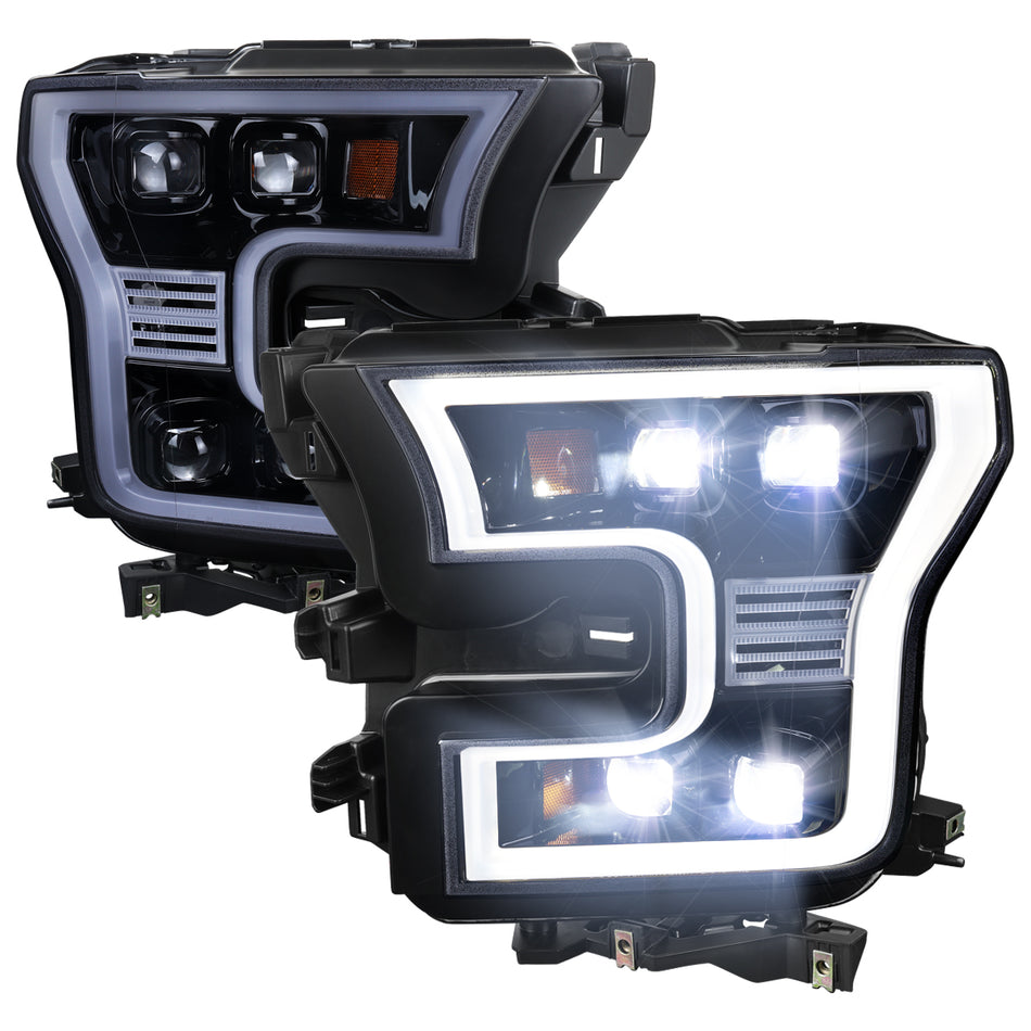 2015-2017 Ford F150 LED Projector Headlights w/ LED DRL Light Bar (Glossy Black Housing / Smoked Lens)