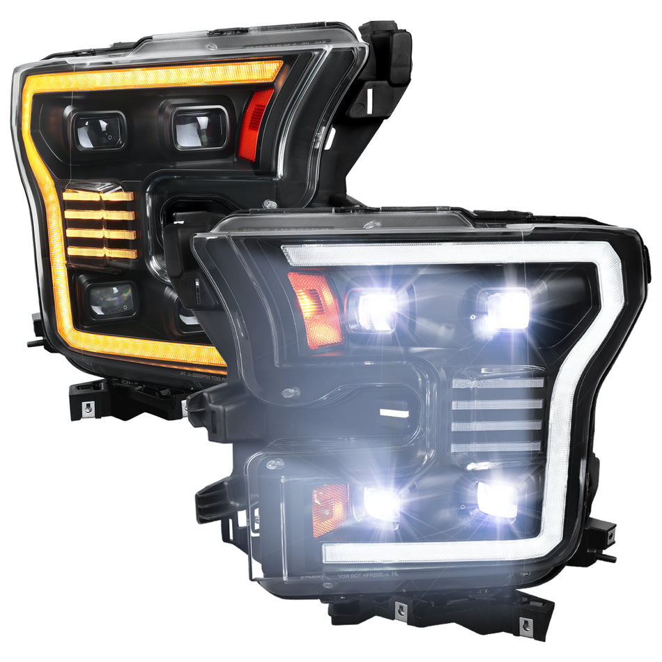 2015-2017 Ford F-150 LED Projector Headlights w/ Switchback LED Sequential Turn Signals DRL Parking Light Strip (Black Housing / Clear Lens)