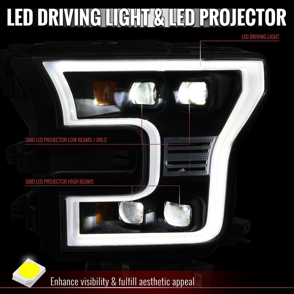 2015-2017 Ford F150 LED Projector Headlights w/ LED DRL Light Bar (Black Housing / Clear Lens)