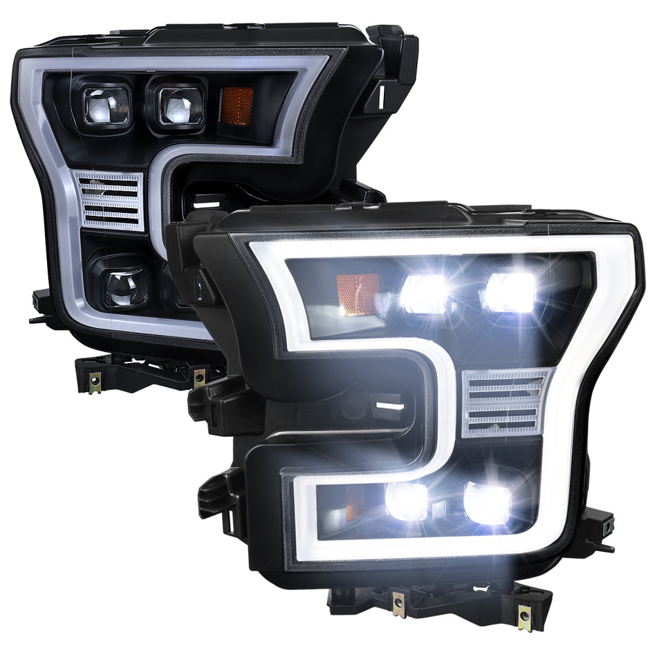 2015-2017 Ford F150 LED Projector Headlights w/ LED DRL Light Bar (Black Housing / Clear Lens)