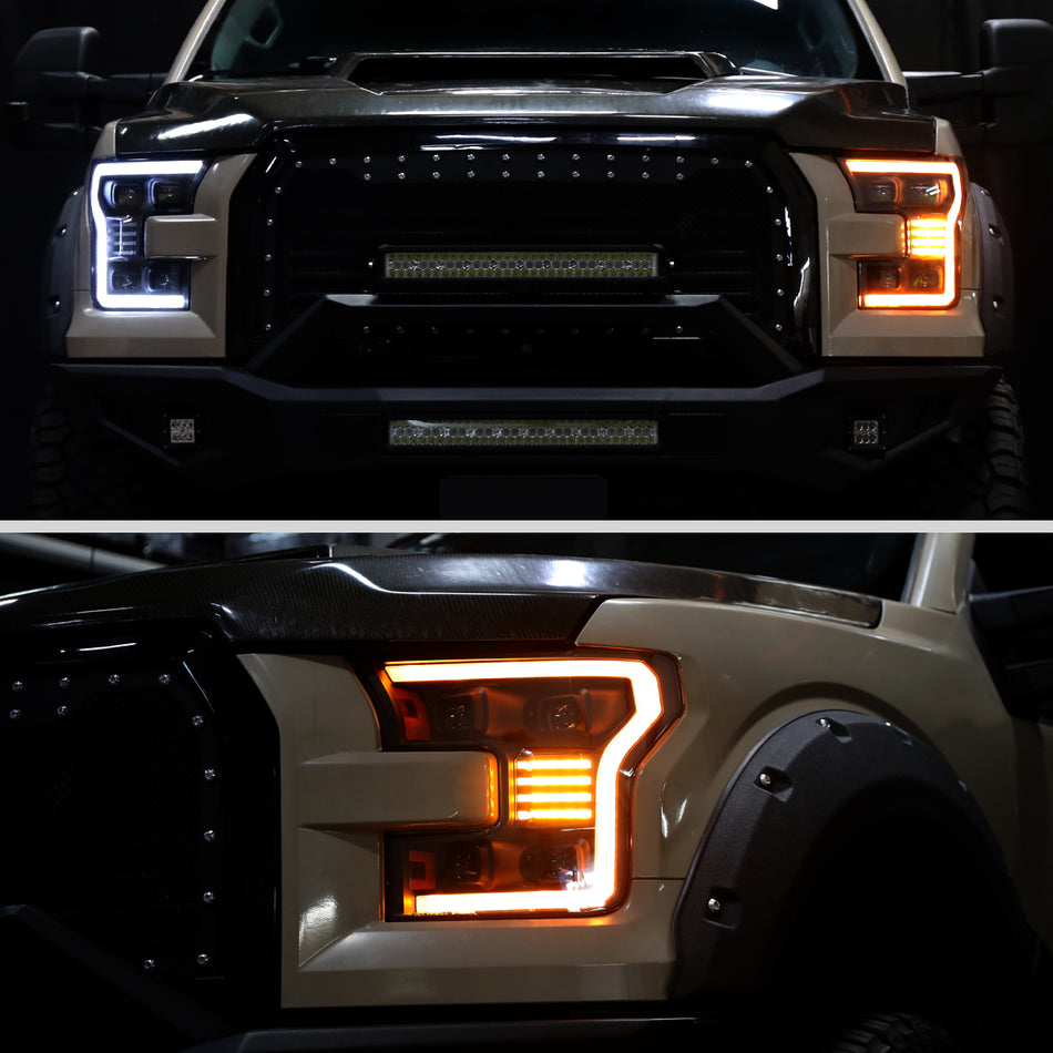 2015-2017 Ford F-150 LED Projector Headlights w/ Switchback LED Sequential Turn Signals DRL Parking Light Strip (Black Housing / Smoked Lens)