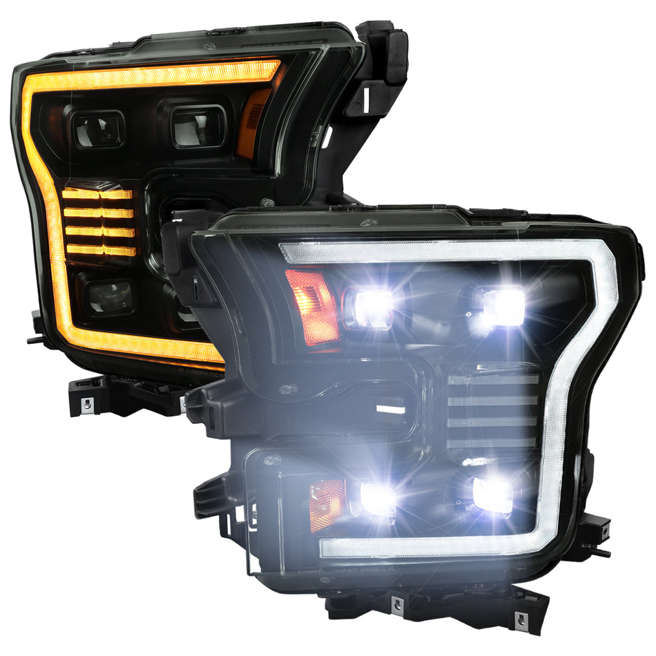 2015-2017 Ford F-150 LED Projector Headlights w/ Switchback LED Sequential Turn Signals DRL Parking Light Strip (Black Housing / Smoked Lens)