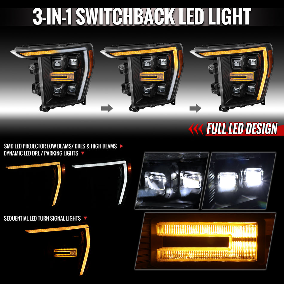 2021-2023 Ford F-150 Full LED Projector Headlights w/ Switchback LED Sequential Turn Signals DRL Parking Light Strip (Matte Black Housing / Clear Lens) - Fits Models w/ Factory Halogen Headlights