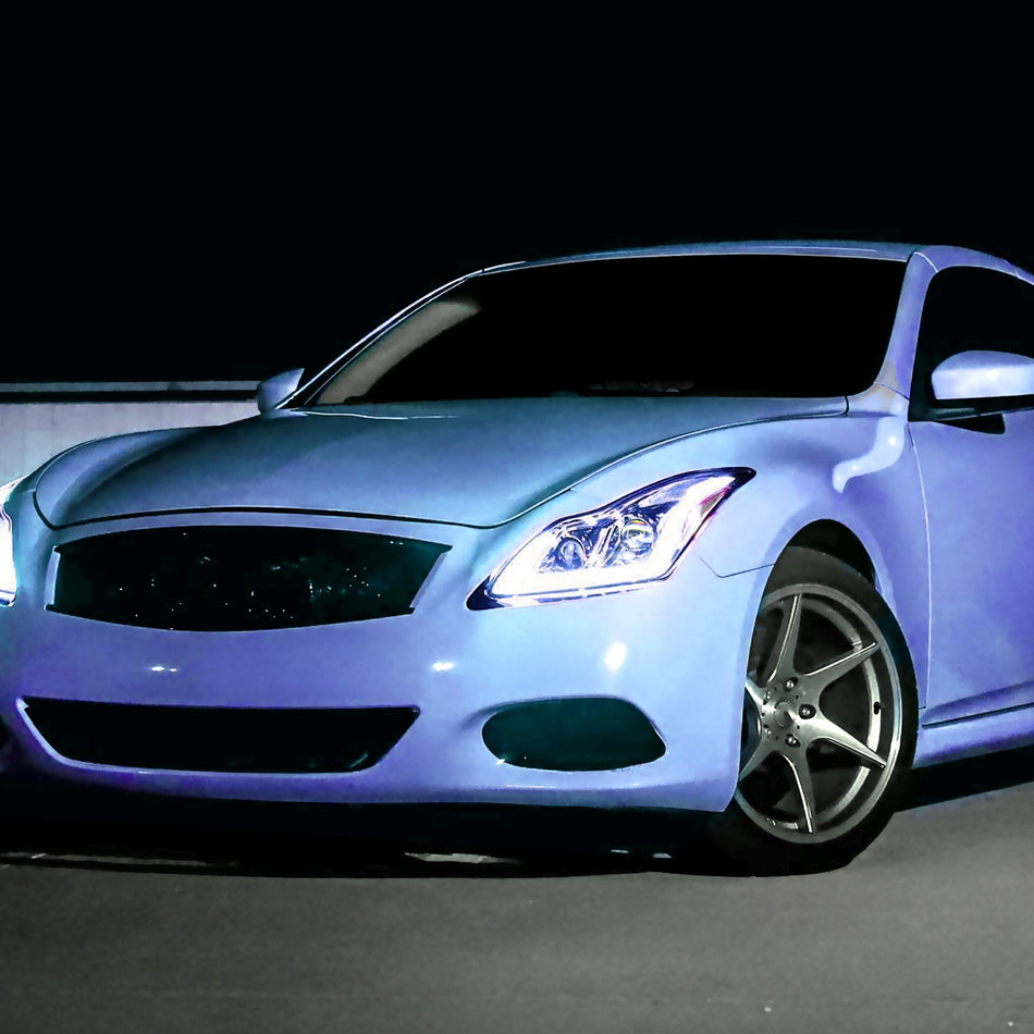 2008-2013 Infiniti G37/2014-2015 Q60 Coupe/Convertible Sequential Switchback LED Turn Signal Full LED Projector Headlights (Chrome Housing / Clear Lens)