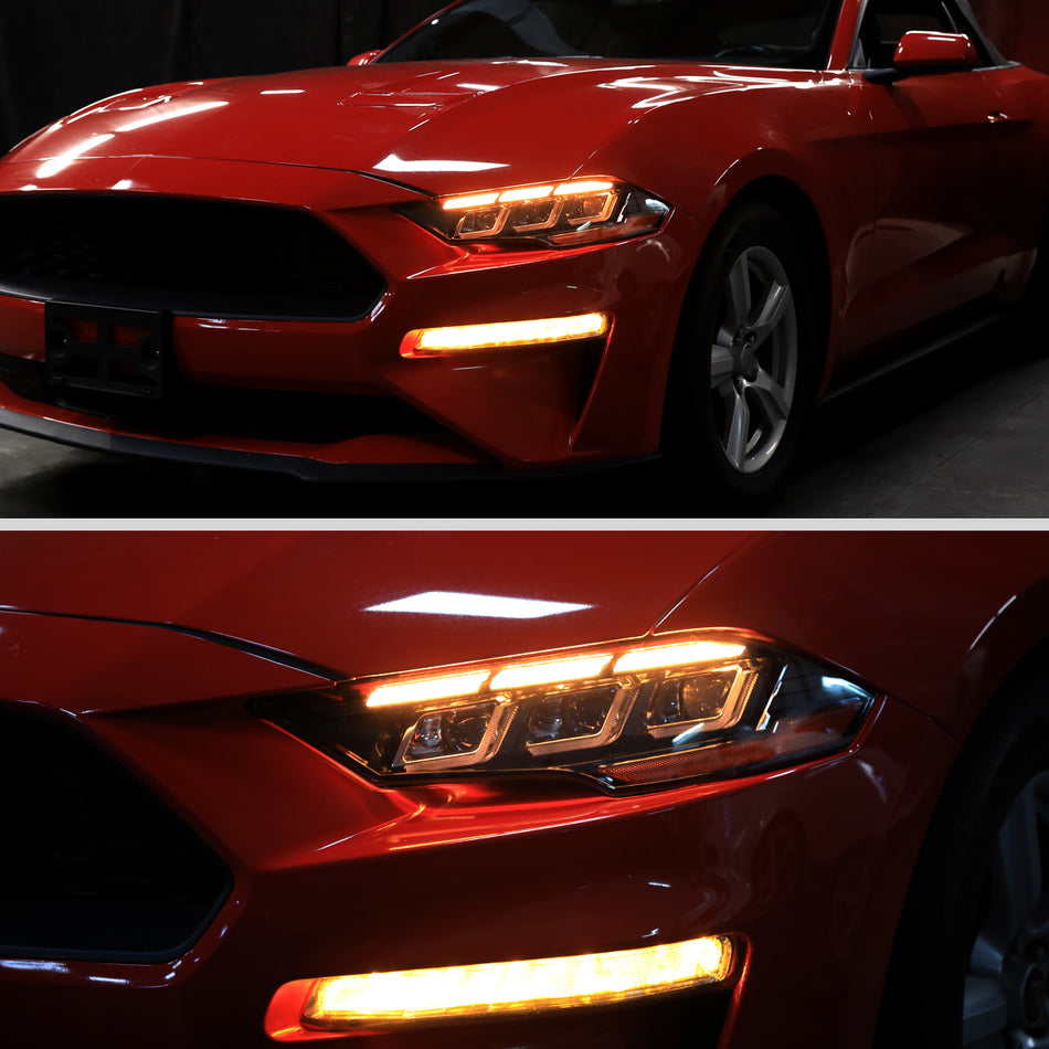2018–2023 Ford Mustang Full LED Projector Headlights Switchback Sequential with Start-Up Animation (Glossy Black Housing / Clear Lens)