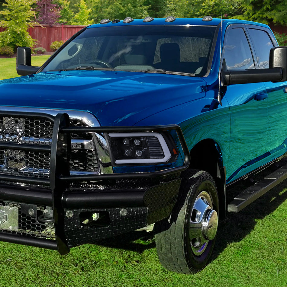 2009-2018 Dodge RAM 1500 / 2019 RAM Classic / 2010-2018 RAM 2500 3500 LED Bar Sequential Turn Signal Projector Headlights (Glossy Black Housing / Smoked Lens)