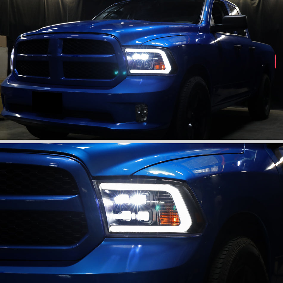 2009-2018 Dodge RAM 1500 / 2019 RAM Classic / 2010-2018 RAM 2500 3500 LED Bar Sequential Turn Signal Projector Headlights (Matte Black Housing / Clear Lens)