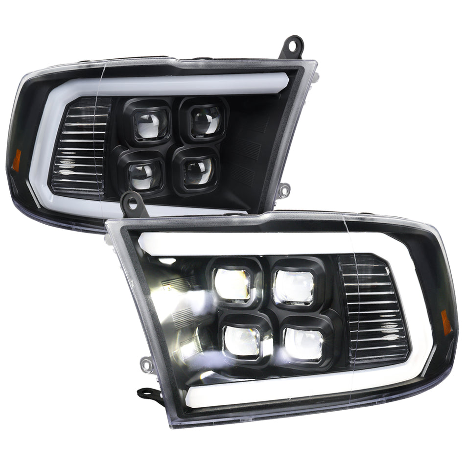 2009-2018 Dodge RAM 1500 / 2019 RAM Classic / 2010-2018 RAM 2500 3500 LED Bar Sequential Turn Signal Projector Headlights (Matte Black Housing / Clear Lens)