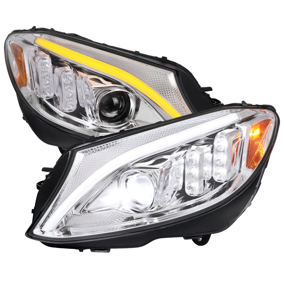 2015-2018 Mercedes-Benz C-Class W205 Full LED Projector Headlights with Sequential Turn Signal (Chrome Housing/Clear Lens)