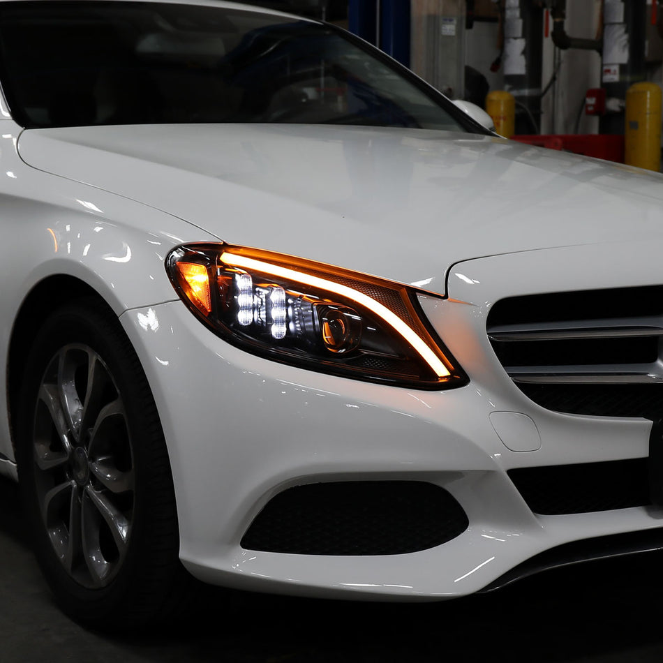 2015-2018 Mercedes-Benz C-Class W205 Full LED Projector Headlights with Sequential Turn Signal (Matte Black Housing/Clear Lens)