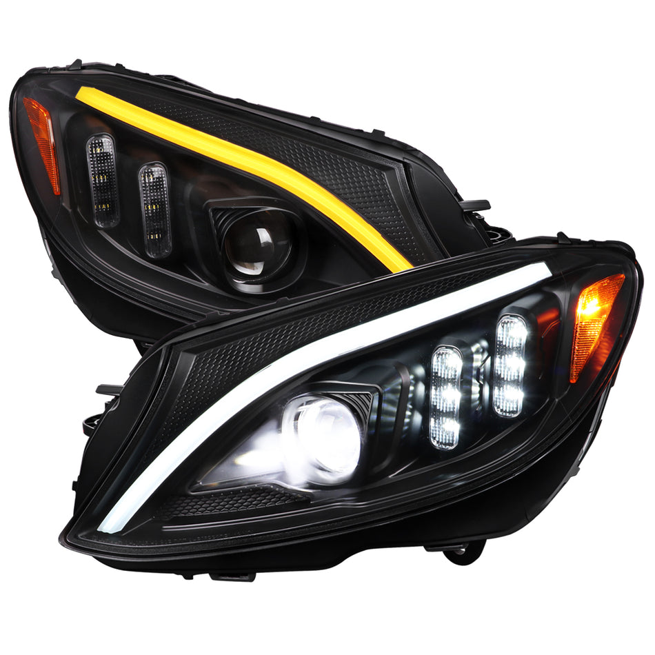 2015-2018 Mercedes-Benz C-Class W205 Full LED Projector Headlights with Sequential Turn Signal (Matte Black Housing/Clear Lens)