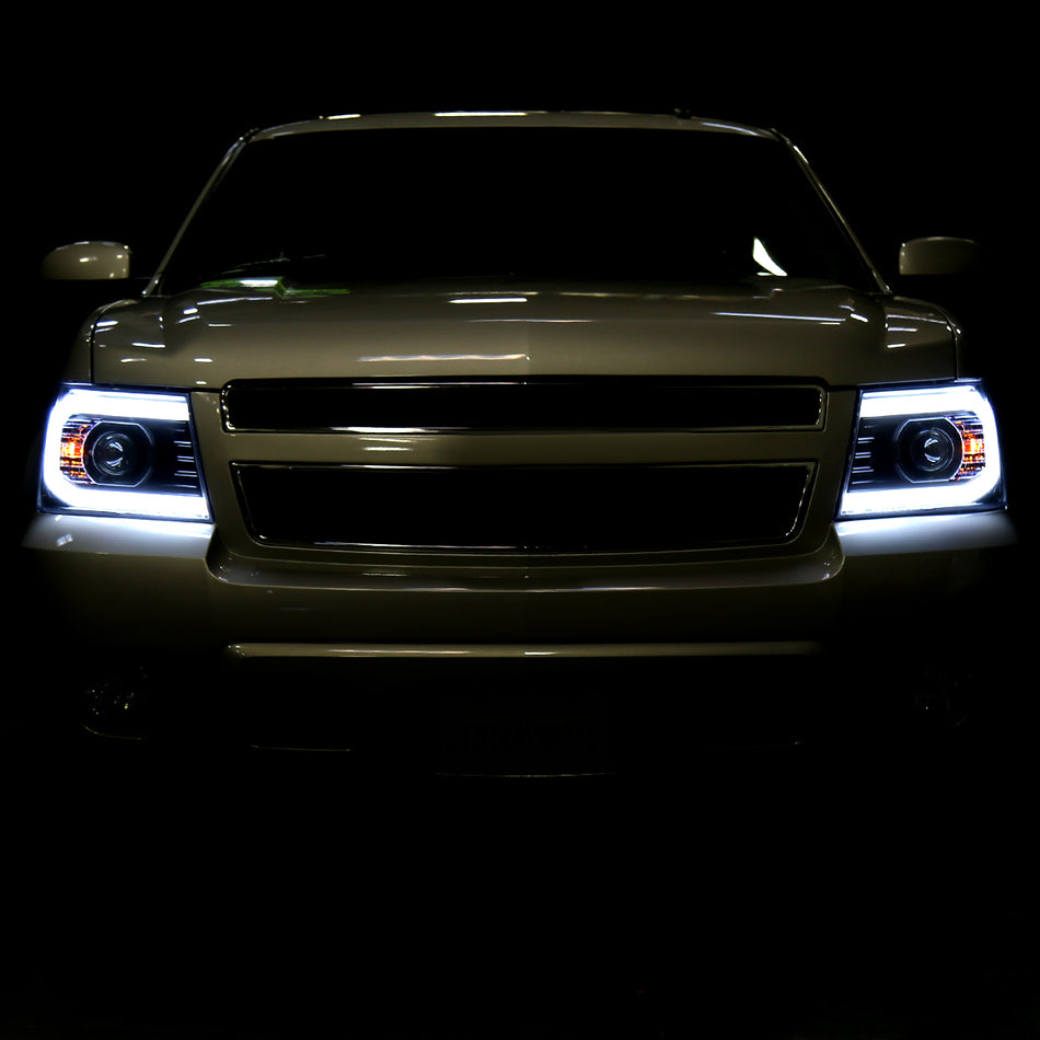 2007-2013 Chevrolet Avalanche/ 2007-2014 Tahoe Suburban LED C-Bar Projector Headlights (Glossy Black Housing/Smoked Lens)
