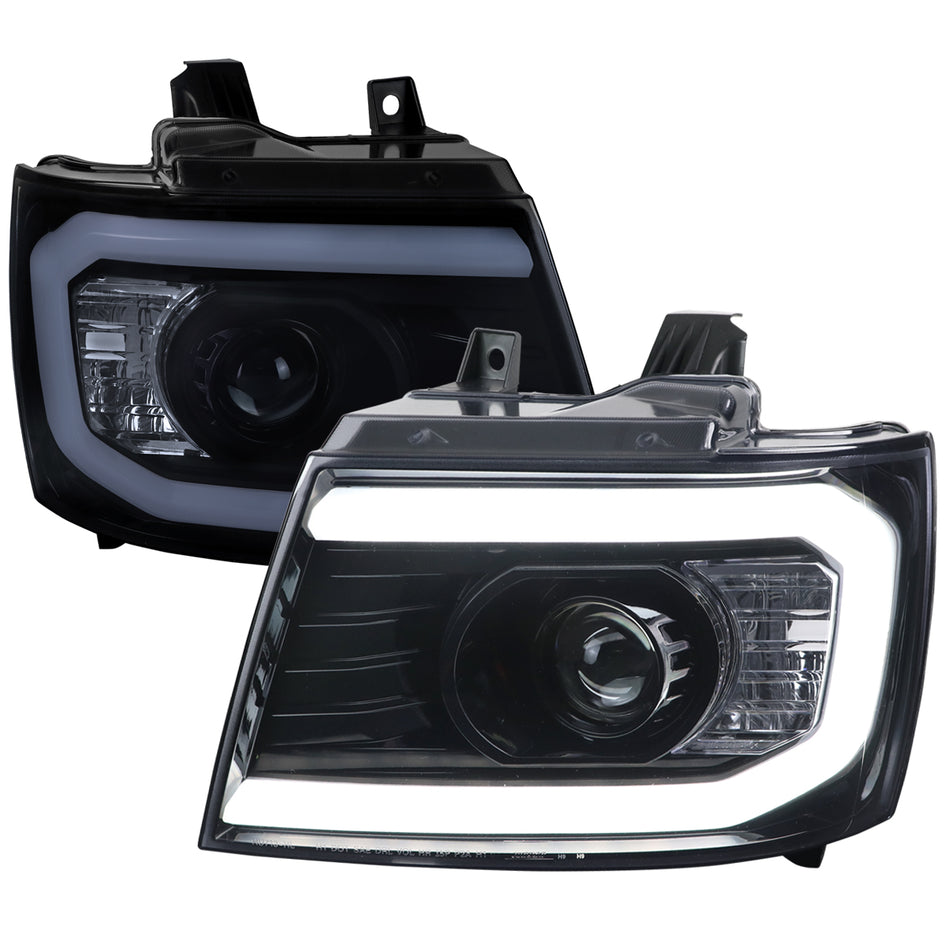 2007-2013 Chevrolet Avalanche/ 2007-2014 Tahoe Suburban LED C-Bar Projector Headlights (Glossy Black Housing/Smoked Lens)