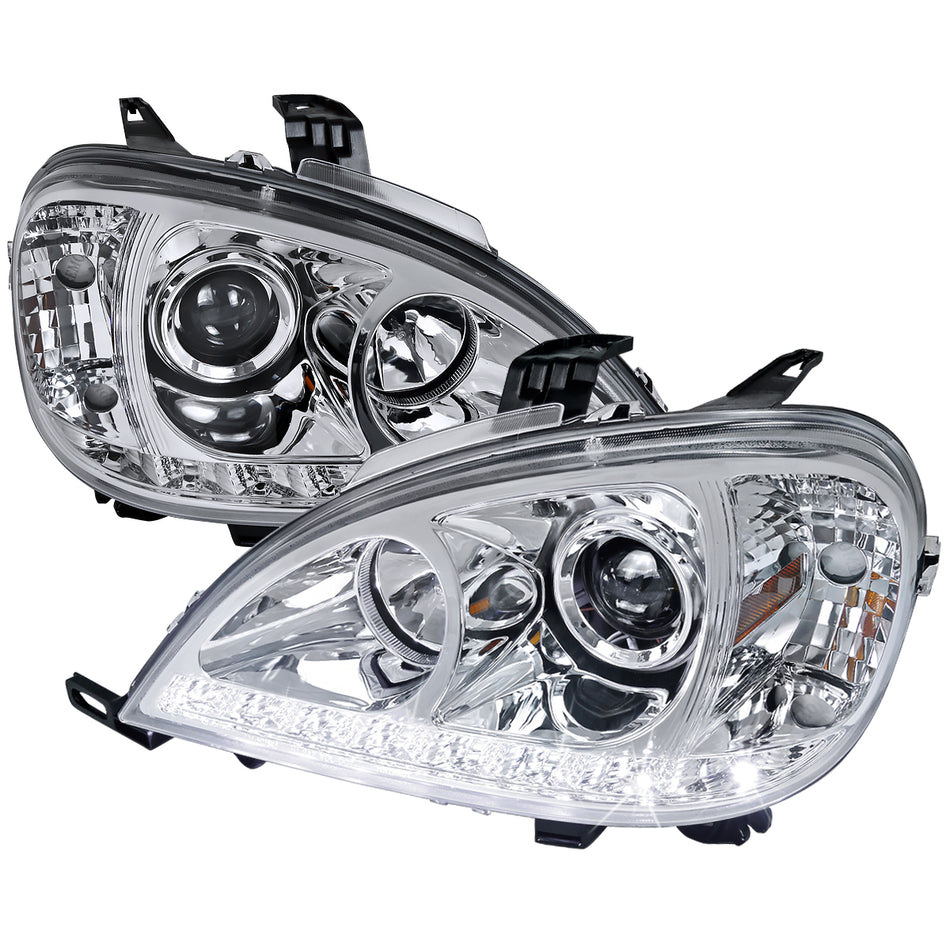 2002-2005 Mercedes Benz W163 ML Class Projector Headlights w/ SMD LED Light Strip (Chrome Housing/Clear Lens)