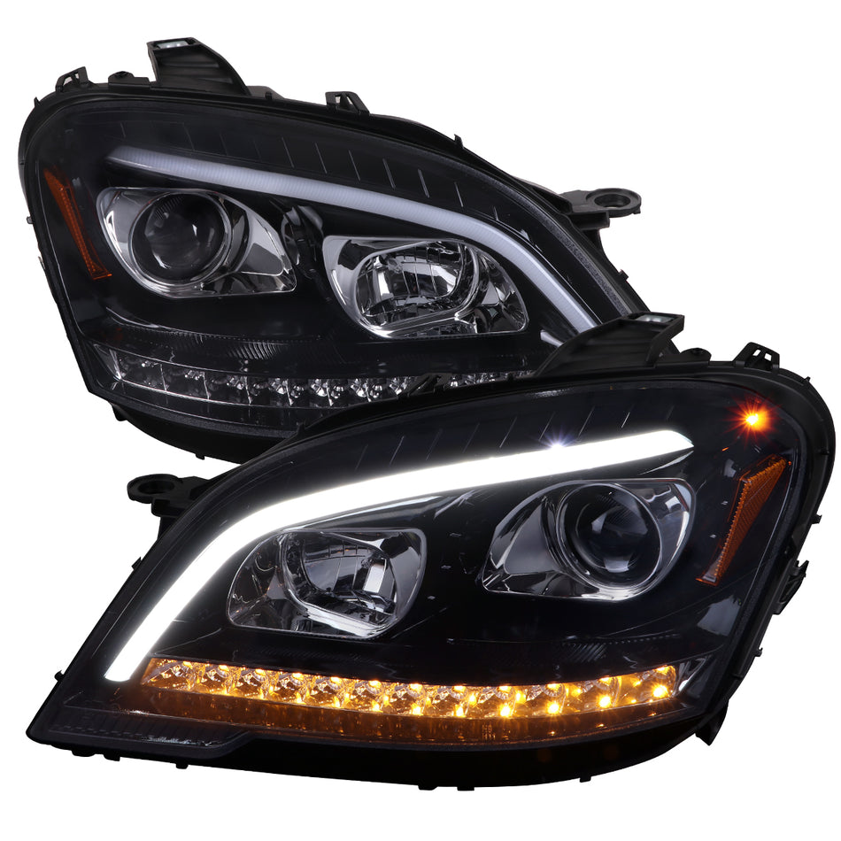 2009-2011 Mercedes Benz W164 ML-Class LED Sequetial Turn Signal Projector Headlights (Glossy Black Housing/Smoked Lens)