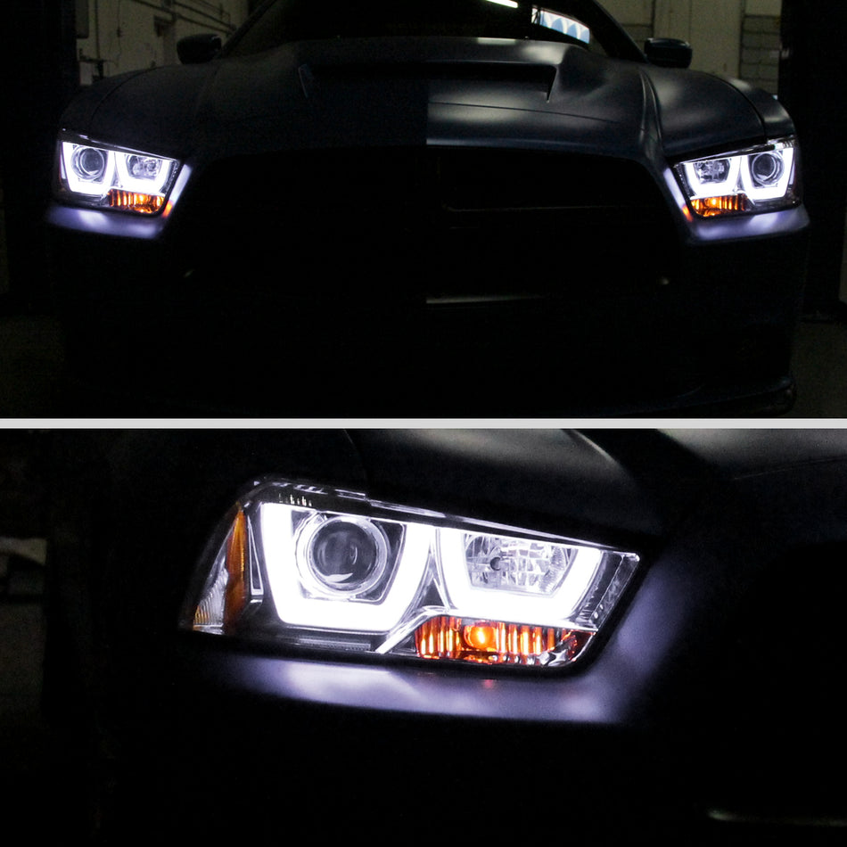 2011-2014 Dodge Charger Dual LED U-Bar Projector Headlights (Chrome Housing/Clear Lens)