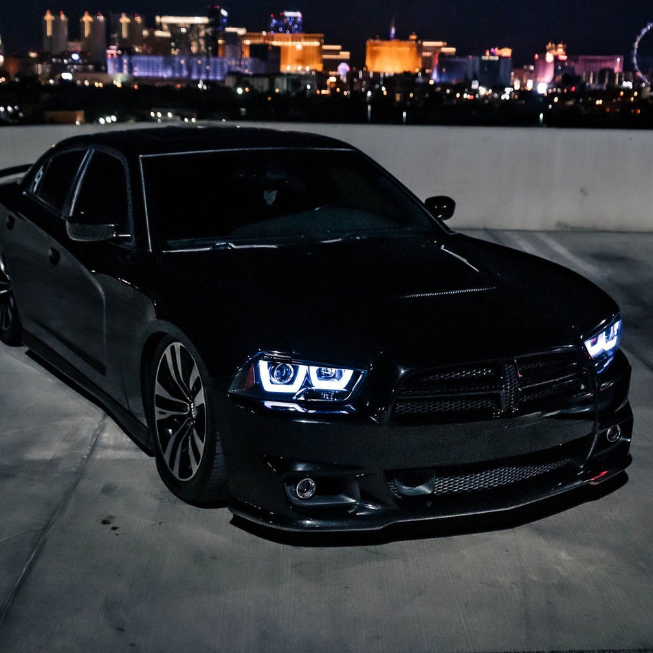 2011-2014 Dodge Charger Dual LED U-Bar Projector Headlights (Jet Black Housing/Clear Lens)