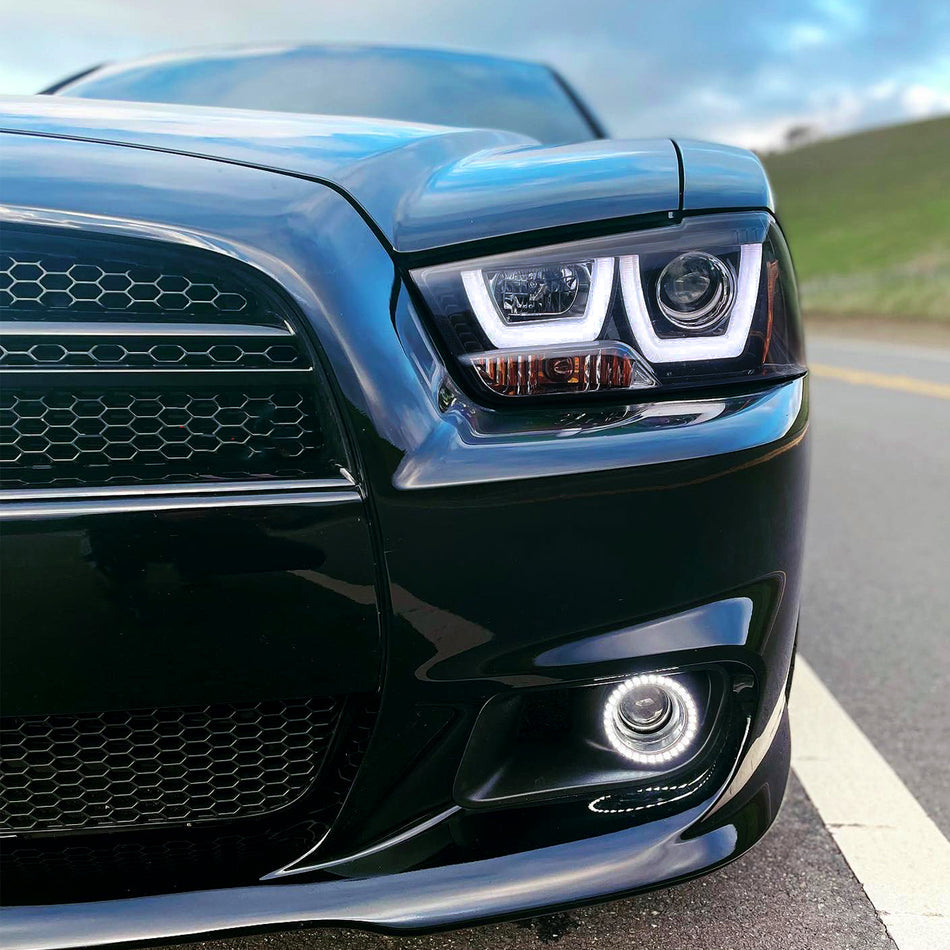 2011-2014 Dodge Charger Dual LED U-Bar Projector Headlights (Glossy Black Housing/Smoked Lens)