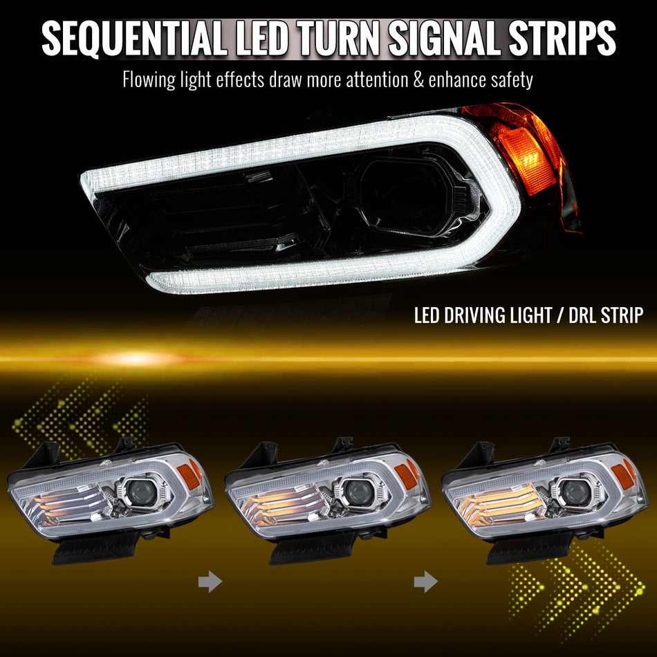 2011-2014 Dodge Charger HID Projector Headlights w/ LED DRL Light Strip Sequential Turn Signal and Side Marker  (Chrome Housing / Clear Lens)