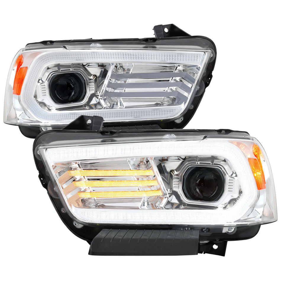 2011-2014 Dodge Charger HID Projector Headlights w/ LED DRL Light Strip Sequential Turn Signal and Side Marker  (Chrome Housing / Clear Lens)