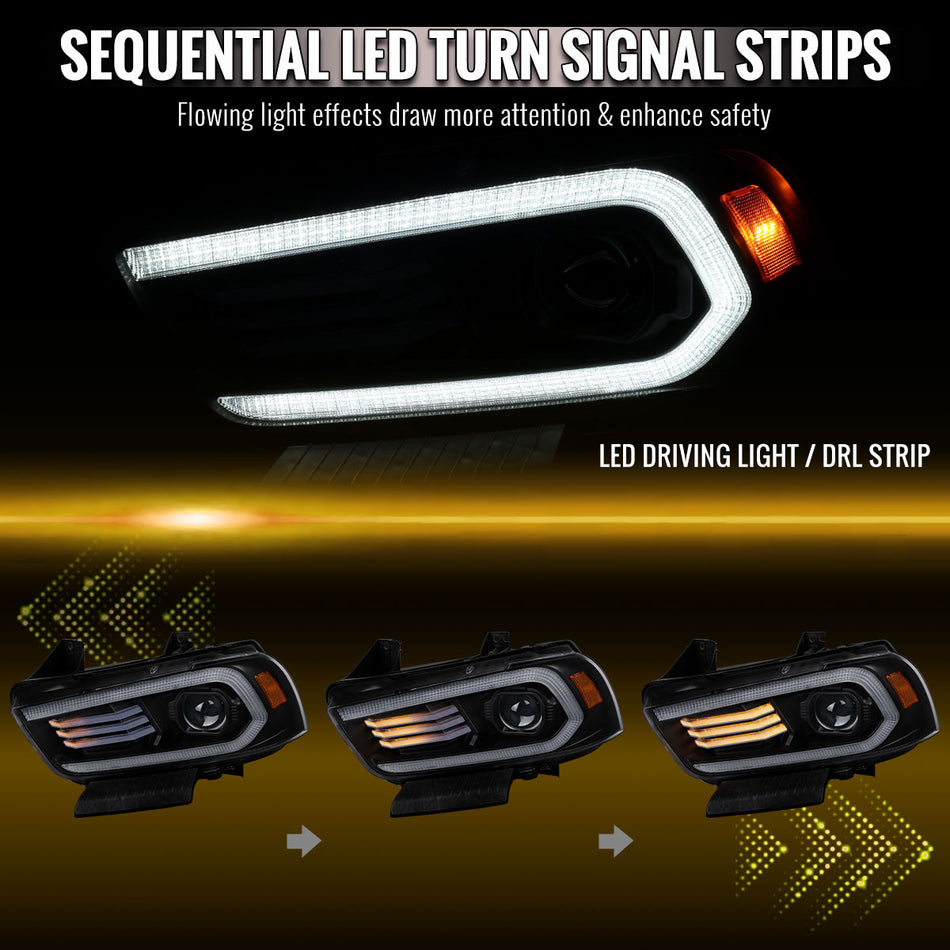 2011-2014 Dodge Charger Projector Headlights w/ LED DRL Light Strip Sequential Turn Signal and Side Marker  (Black Housing / Clear Lens)