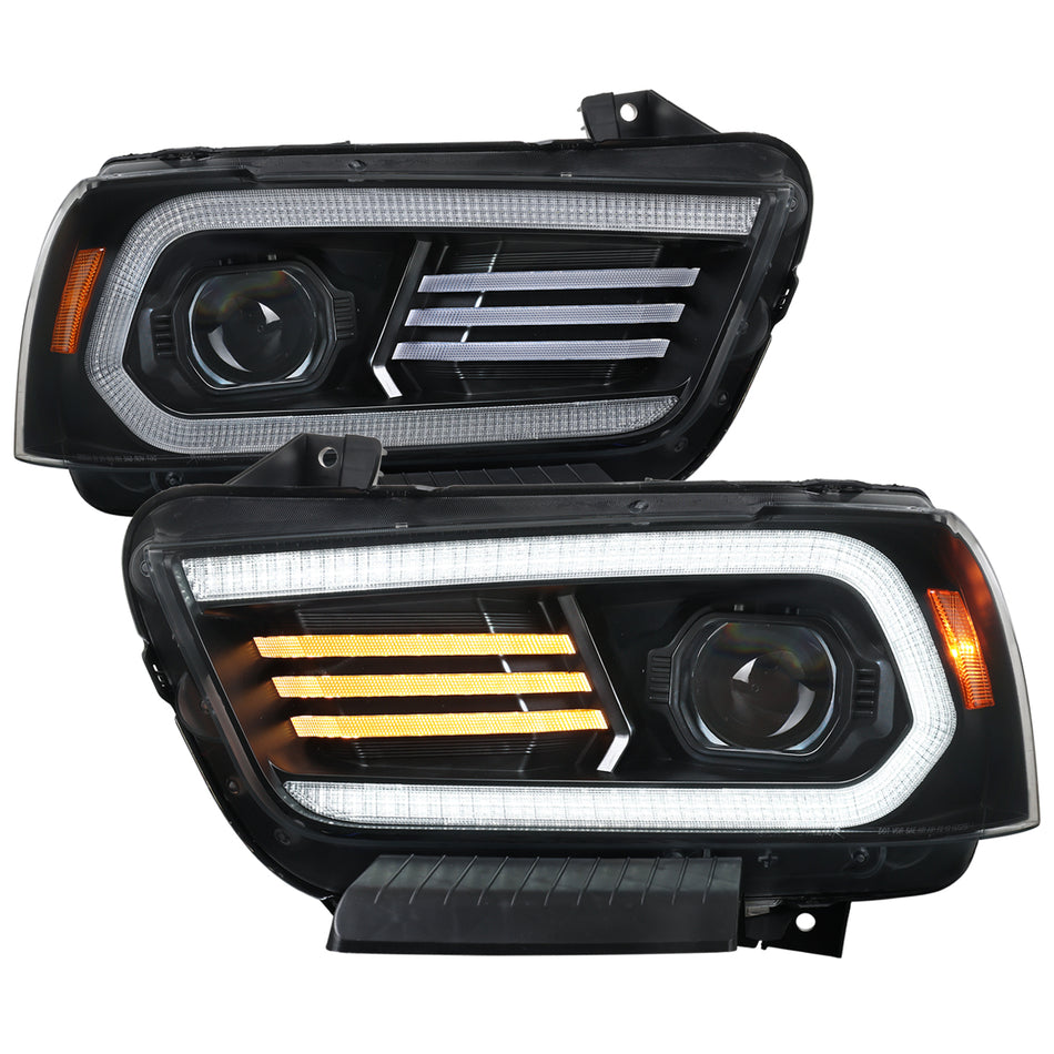 2011-2014 Dodge Charger Projector Headlights w/ LED DRL Light Strip Sequential Turn Signal and Side Marker  (Black Housing / Clear Lens)