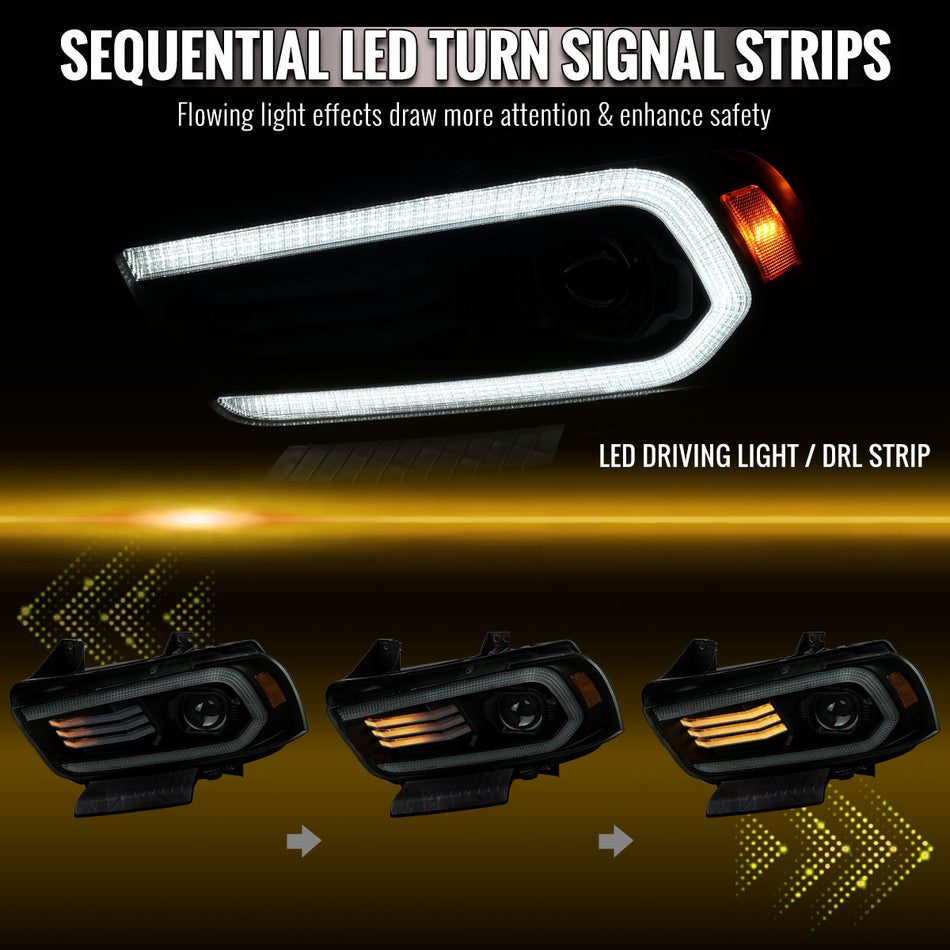 2011-2014 Dodge Charger Projector Headlights w/ LED DRL Light Strip Sequential Turn Signal and Side Marker  (Black Housing / Smoked Lens)