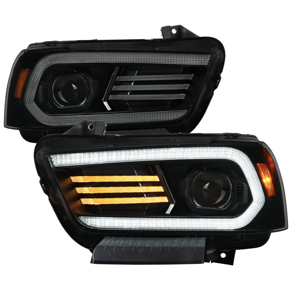 2011-2014 Dodge Charger Projector Headlights w/ LED DRL Light Strip Sequential Turn Signal and Side Marker  (Black Housing / Smoked Lens)