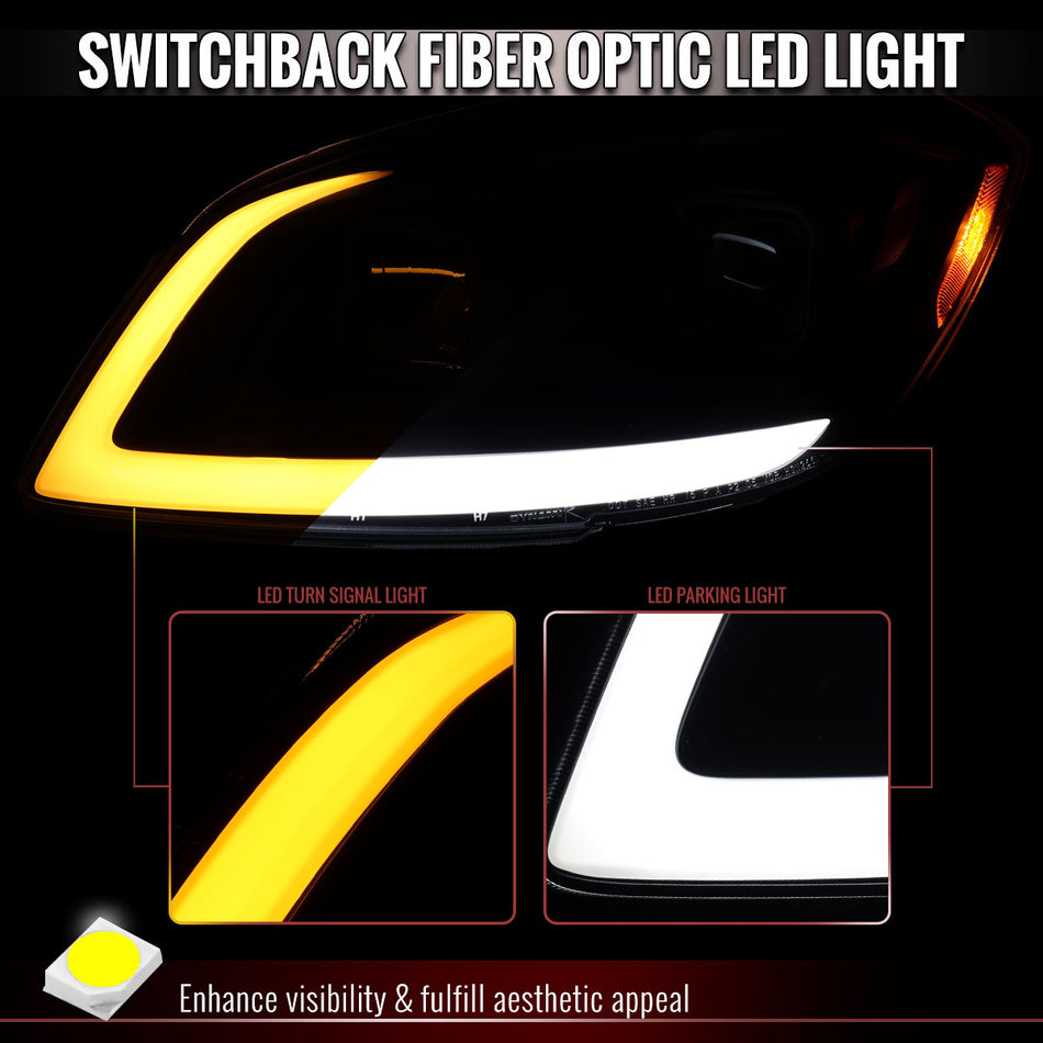 2005–2010 Chevrolet Cobalt Pontiac G5/Pursuit Projector Headlights w/ Switchback LED Turn Signal DRL Light Strip (Black Housing / Smoked Lens)