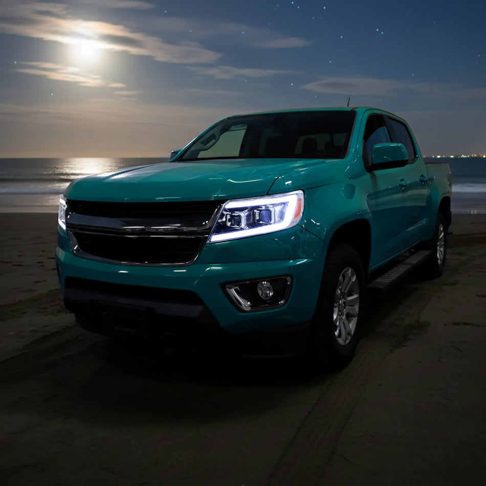 2015-2022 Chevrolet Colorado Projector Headlights w/ LED DRL Light Strip Sequential Turn Signal and Side Marker  (Chrome Housing / Clear Lens)