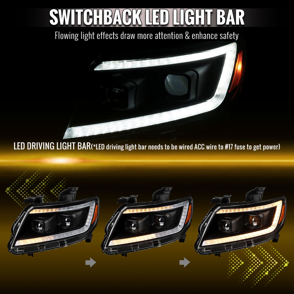 2015-2022 Chevrolet Colorado Projector Headlights w/ LED DRL Light Strip Sequential Turn Signal and Side Marker  (Black Housing / Clear Lens)