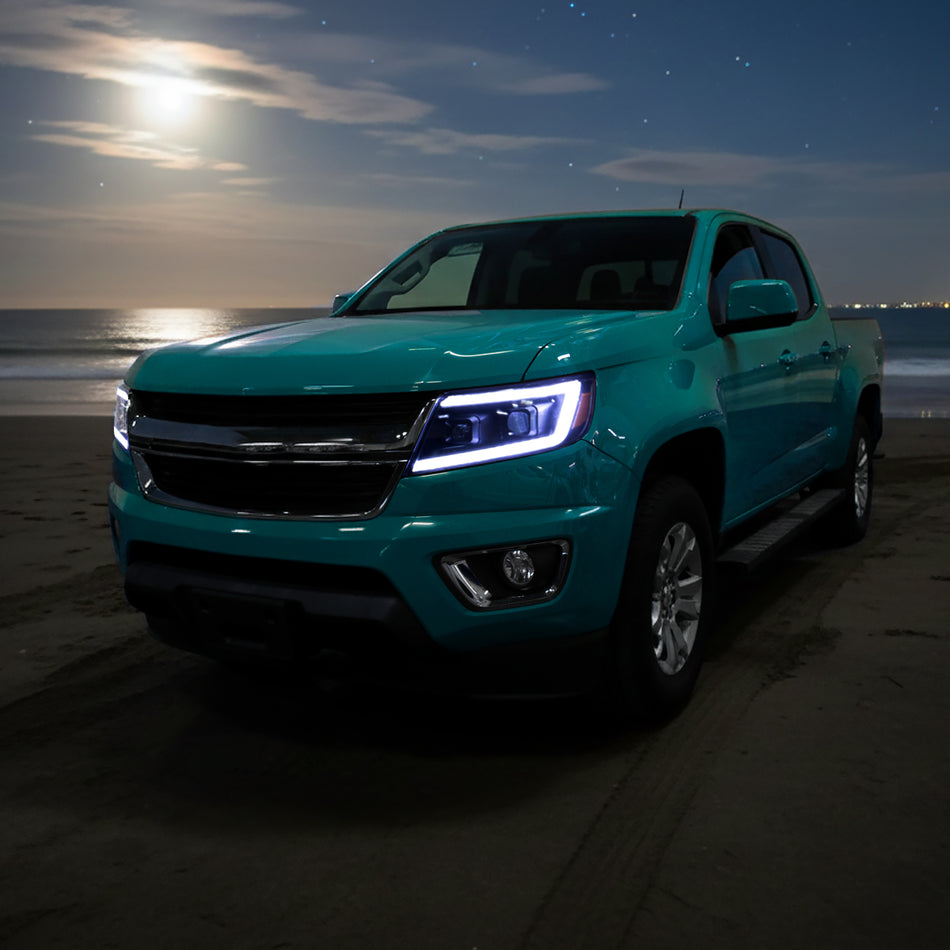 2015-2022 Chevrolet Colorado Projector Headlights w/ LED DRL Light Strip Sequential Turn Signal and Side Marker  (Black Housing / Clear Lens)