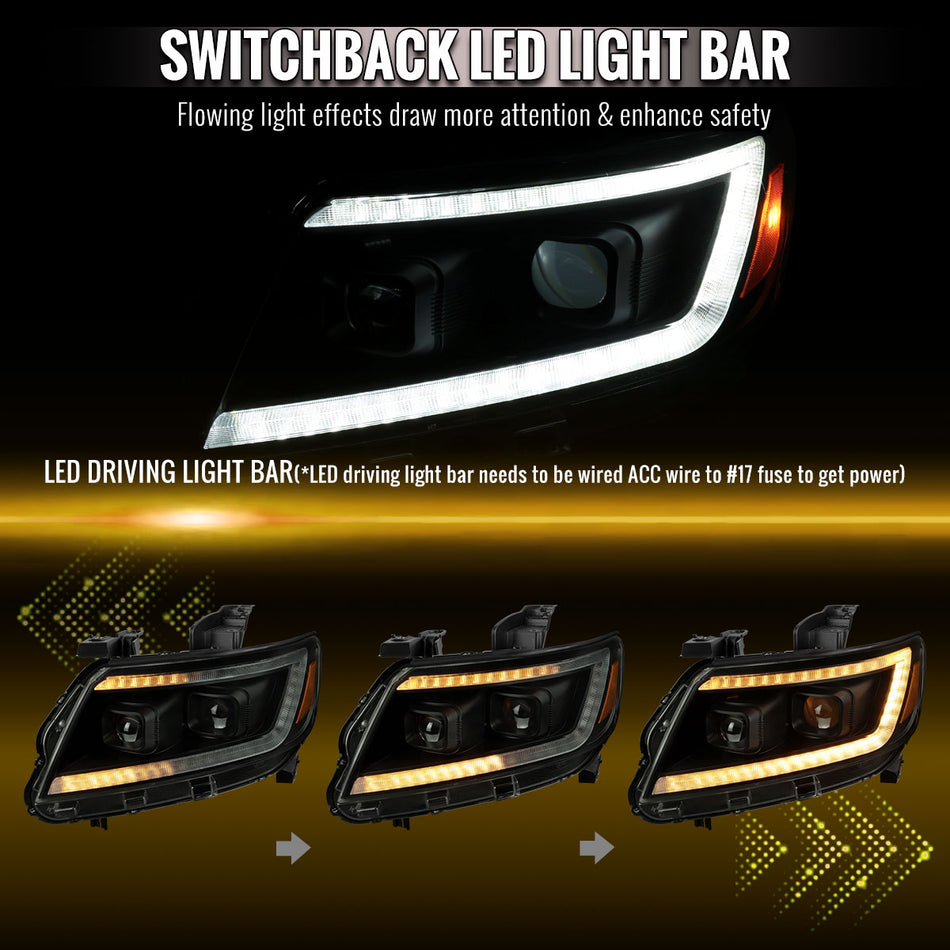2015-2022 Chevrolet Colorado Projector Headlights w/ LED DRL Light Strip Sequential Turn Signal and Side Marker  (Black Housing / Smoked Lens)