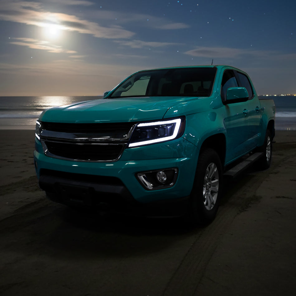 2015-2022 Chevrolet Colorado Projector Headlights w/ LED DRL Light Strip Sequential Turn Signal and Side Marker  (Black Housing / Smoked Lens)