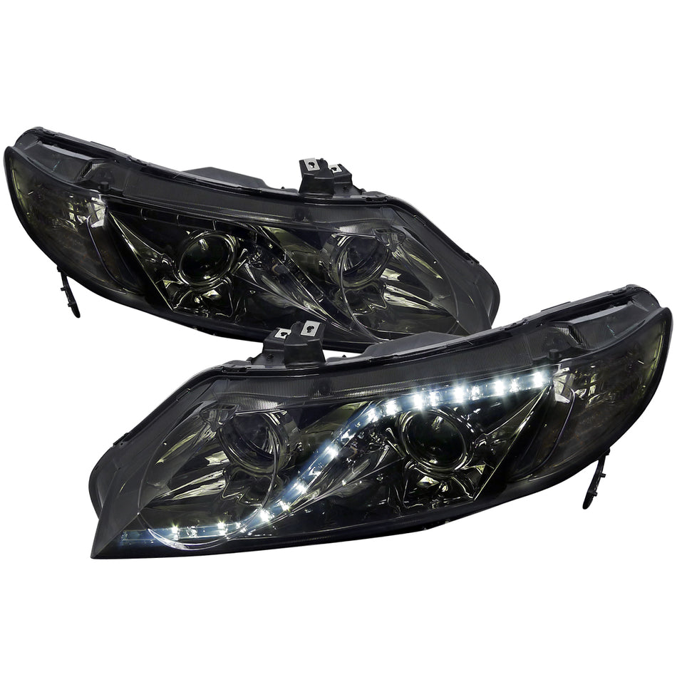 2006-2011 Honda Civic Sedan Projector Headlights w/ R8 Style LED Light Strip (Chrome Housing/Smoked Lens)