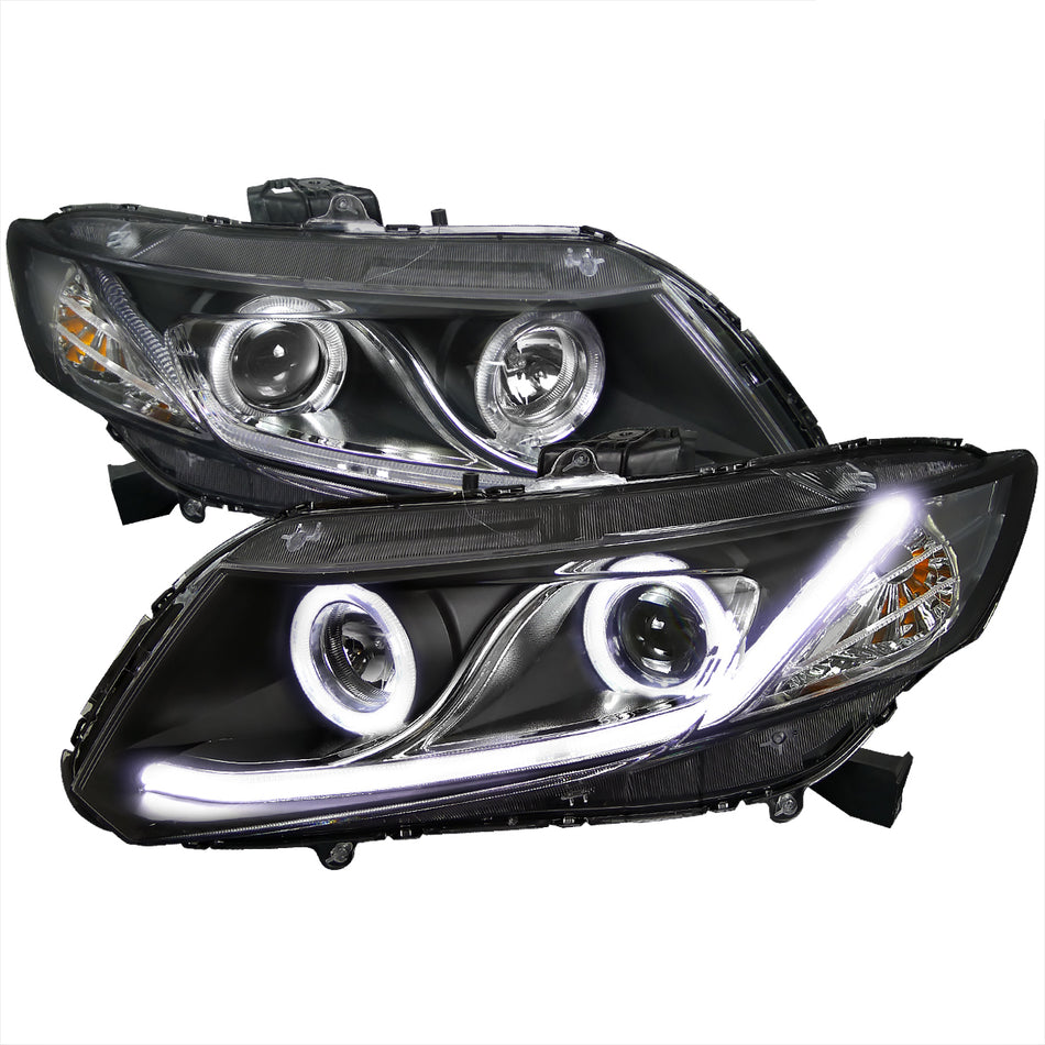 2012-2013 Honda Civic Coupe/ 2012-2015 Civic Sedan Dual Halo Projector Headlights w/ LED Bar (Matte Black Housing/Clear Lens)