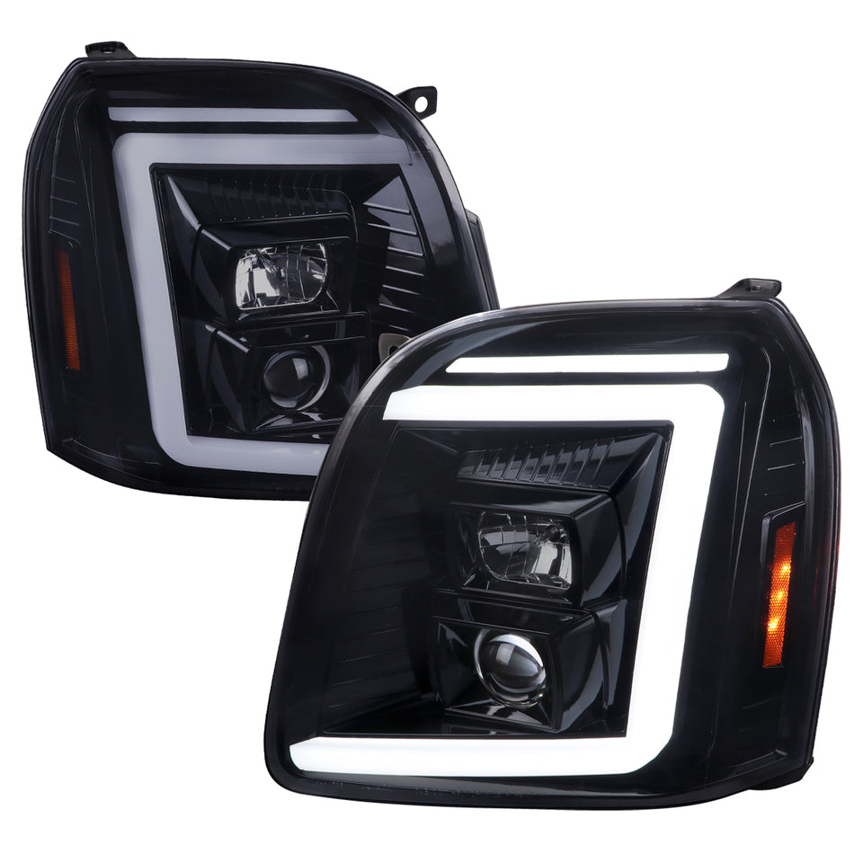 2007-2014 GMC Yukon/XL 1500/XL 2500 Switchback Sequential LED Turn Signal Projector Headlights (Glossy Black Housing/Smoked Lens)