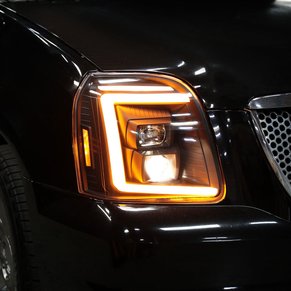 2007-2014 GMC Yukon/XL 1500/XL 2500 Switchback Sequential LED Turn Signal Projector Headlights (Matte Black Housing/Clear Lens)