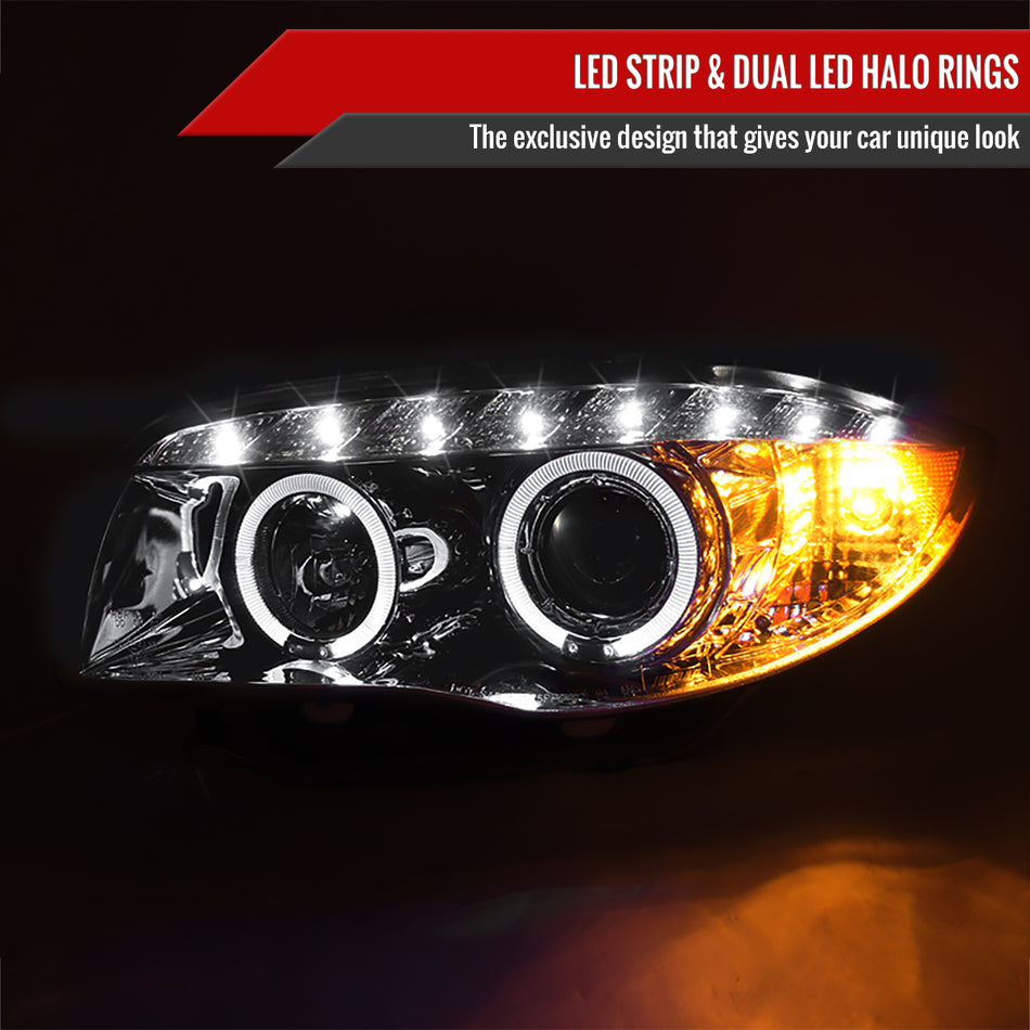 2004-2013 BMW E81 E82 E87 E88 Dual Halo Projector Headlights w/ LED Light Strip (Chrome Housing/Clear Lens)