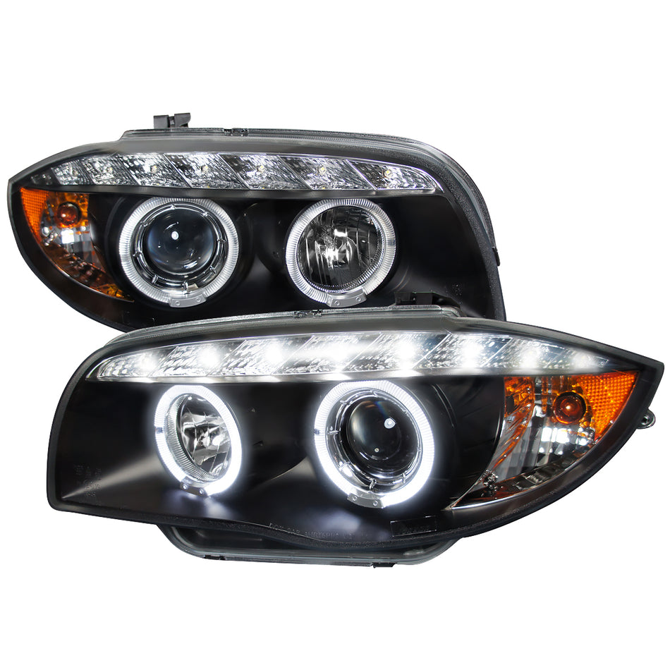 2004-2013 BMW E81 E82 E87 E88 Dual Halo Projector Headlights w/ LED Light Strip (Matte Black Housing/Clear Lens)