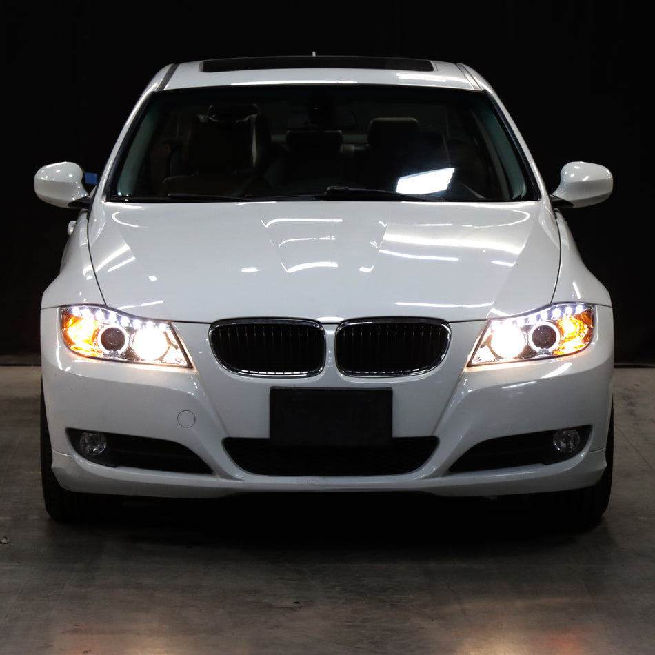 2006-2008 BMW E90 3 Series Sedan Dual Halo Projector Headlights w/ LED Light Strip (Chrome Housing/Clear Lens)