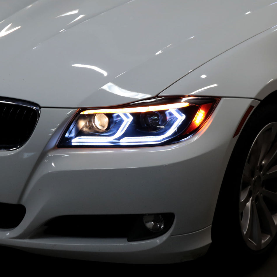 2006-2011 BMW E90 3 Series Sedan 3D Iced LED Dual Projector Headlights (Matte Black Housing/Clear Lens)