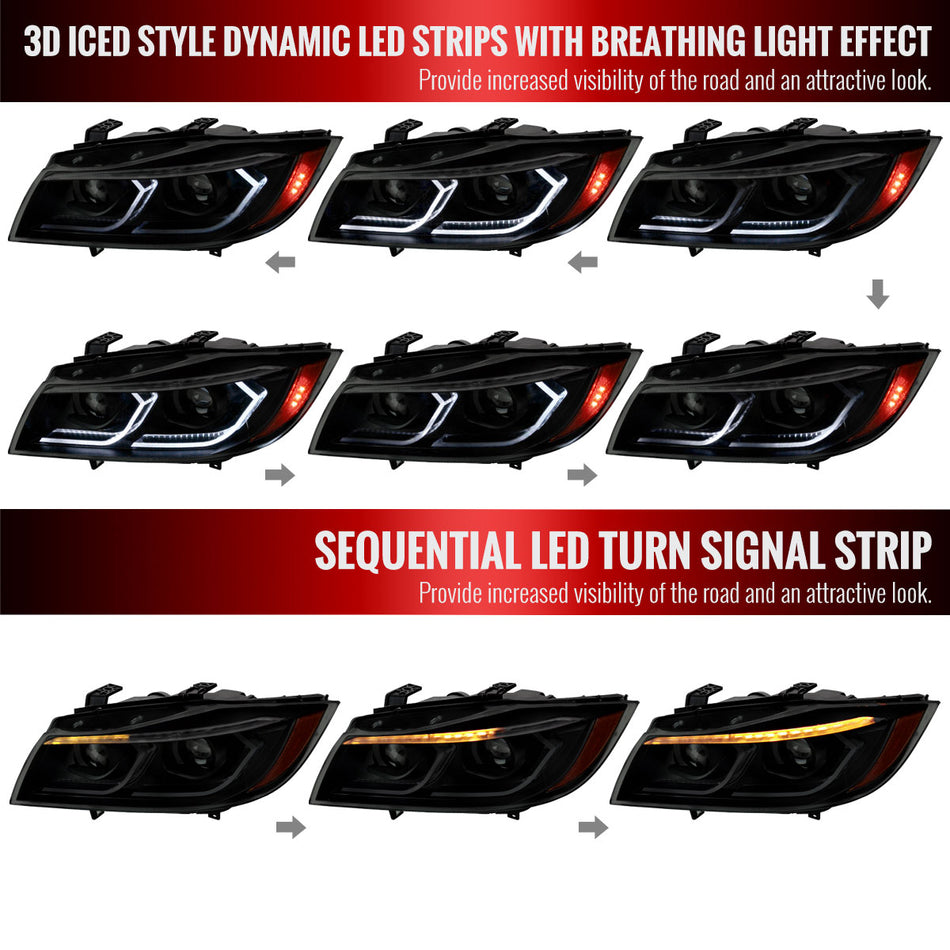 2006-2011 BMW E90 3 Series Sedan 3D Iced LED Dual Projector Headlights (Matte Black Housing/Smoked Lens)