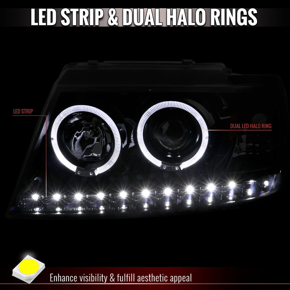 2002-2005 Ford Explorer Dual Halo Projector Headlights w/ LED Light Strip (Jet Black Housing/Clear Lens)