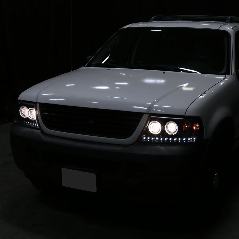 2002-2005 Ford Explorer Dual Halo Projector Headlights w/ LED Light Strip (Jet Black Housing/Clear Lens)