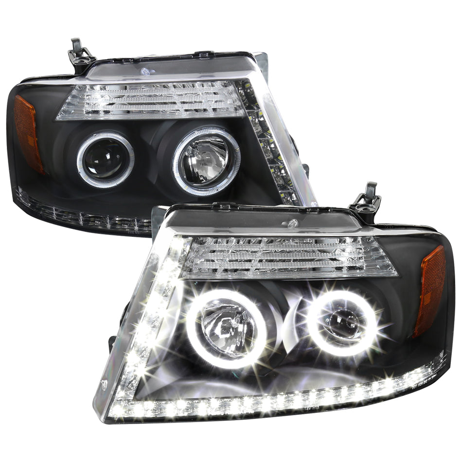 2004-2008 Ford F-150/ 2006-2008 Lincoln Mark LT Dual Halo Projector Headlights w/ LED Light Strip (Matte Black Housing/Clear Lens)