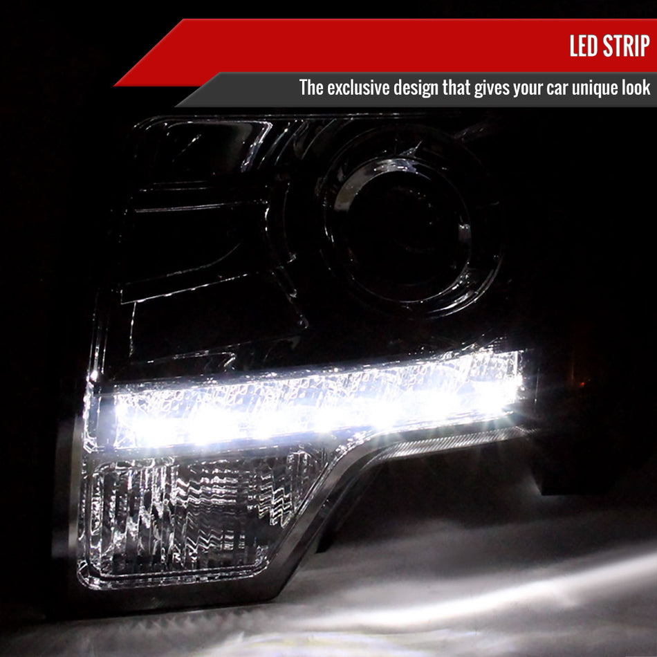 2009-2014 Ford F-150 Projector Headlights w/ LED Light Strip (Chrome Housing/Smoked Lens)